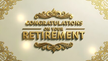 christmas greeting card with golden ribbon, Golden Congratulations on Retirement text shows elegant script typography. Ornate decorative frame with baroque scrollwork surrounds message. Luxurious 3D r