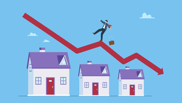 Businessman or investor home owner falling on decline falling down housing graph. Housing price falling down, real estate and property crash, value drop or decline, home loan or mortgage risk.