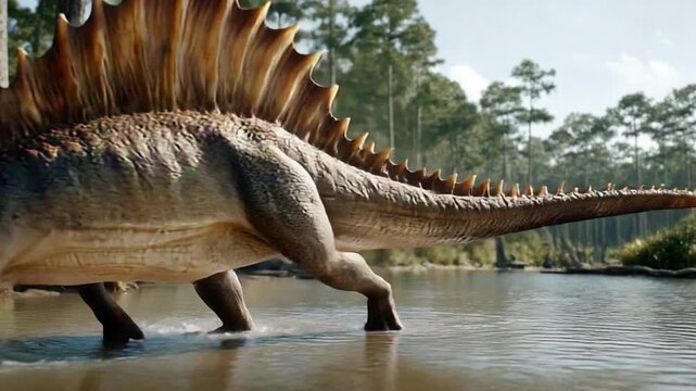 Spinosaurus wading: a Spinosaurus wading through tranquil water, the sunlight filters through the leaves in the background. Illustrating an image of the dinosaur in the late cretaceous period. 