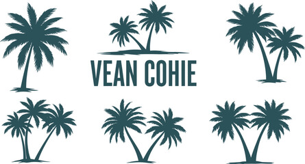 Tropical palm tree silhouettes and coconut leaf illustrations create a summer beach landscape with a sunset sky and sea on a white background for travel design © MdForid