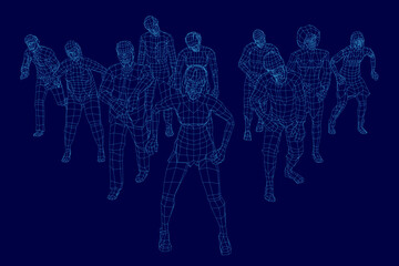 Naklejka premium A zombie wireframe set features a 3D model of a human body created by people standing in line on a blue background.