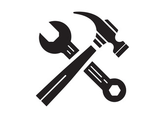 hammer and wrench logo silhouette vector, hand tool logo silhouette illustration, construction equipment logo, repair service wrench crossed over a hammer logo silhouettes vector on white background 