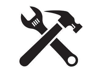 hammer and wrench logo silhouette vector, hand tool logo silhouette illustration, construction equipment logo, repair service wrench crossed over a hammer logo silhouettes vector on white background 