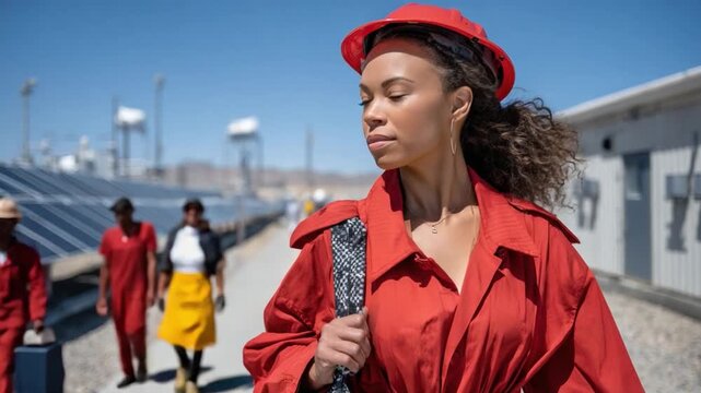 Forward March: A confident figure strides purposefully forward, dressed in a vibrant red coat and hat, leading a group of individuals in a setting of industry and infrastructure.