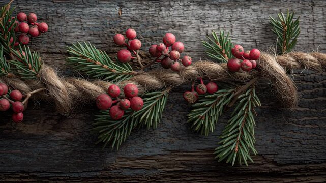Macro composition of natural garland made from pine, berries, and twine on reclaimed wood wall, rustic eco Christmas design, off grid christmas cabin
