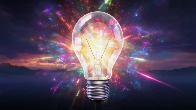 Bright light bulb with cosmic energy explosion, perfect for creativity and innovation themes