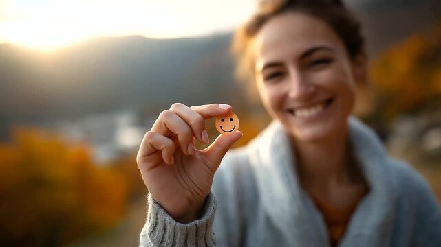 Faceless close up woman holding happy smile face defocused autumn mountain sunset background positive thinking visualization mental health assessment customer satisfaction fee