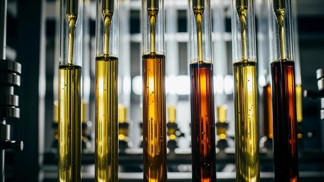 Purified bio oils flowing through transparent tubes in  biorefinery facility