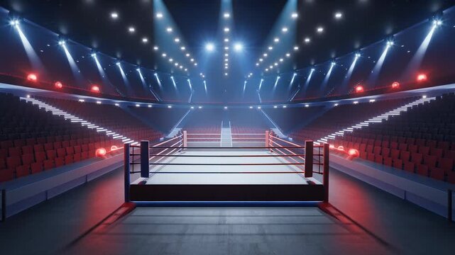 Modern boxing arena with vibrant lighting and empty seats ready for an exciting match