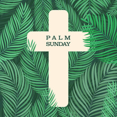 A flat vector illustration of a minimal cross on a background filled with abundant palm leaves for Palm Sunday