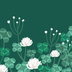 A flat vector illustration of a four-leaf clover and shamrock flowers
