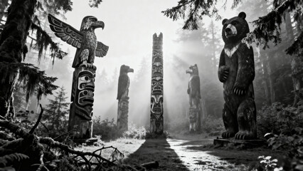 Mysterious black and white view of ancient Indigenous totem poles in a misty forest. Dramatic sun rays illuminate the spiritual, sacred clearing.