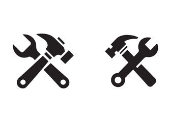 hammer and wrench logo silhouette vector, hand tool logo silhouette illustration, construction equipment logo, repair service wrench crossed over a hammer logo silhouettes vector on white background 