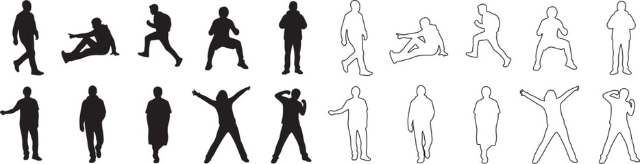 Set of human silhouettes and white outline figures in various poses. Vector graphic illustration. isolated PNG with Transparent Background