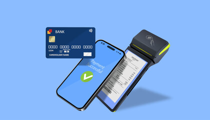 Mobile Payment Confirmation. Digital transaction with credit card and smartphone. POS terminal prints receipt after successful payment.