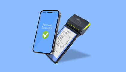 Mobile Payment Confirmation. Digital transaction with credit card and smartphone. POS terminal prints receipt after successful payment.