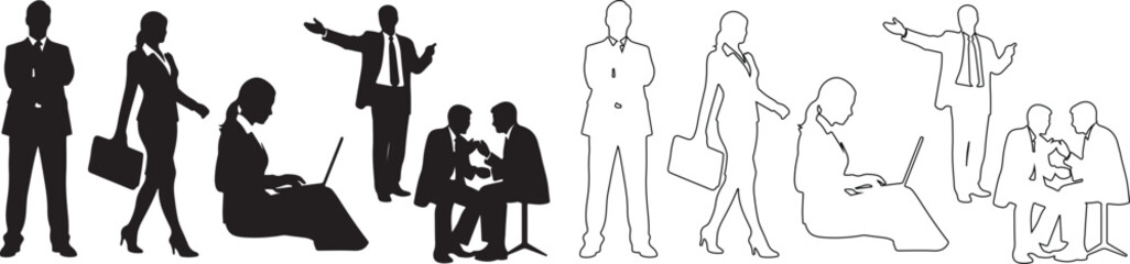 Fototapeta premium Set of diverse business people vector illustrations with solid black silhouettes and modern outline icons isolated PNG with Transparent Background