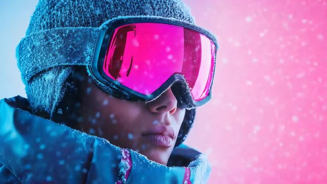 Winter adventure: focused woman in pink goggles embraces falling snow