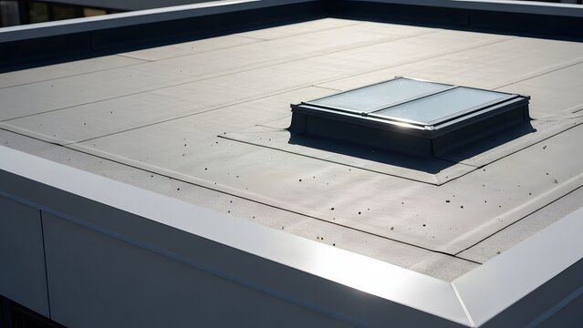 Modern flat roof with a skylight and metal edging, showcasing contemporary building design.