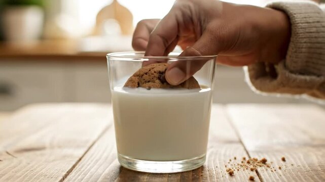 Chocolate chip cookie getting dunked into a glass of milk for a delicious and satisfying snack in the kitchen
