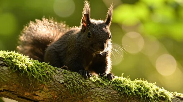 Black squirrel resting on a mossy tree branch in the dappled sunlight of a forest, wildlife scene