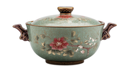 Classic blue and white ceramic ashtray with lid, intricate vintage patterns transparent png background. Ai generated