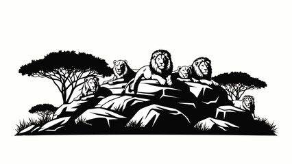 Lions resting on a rocky outcrop.