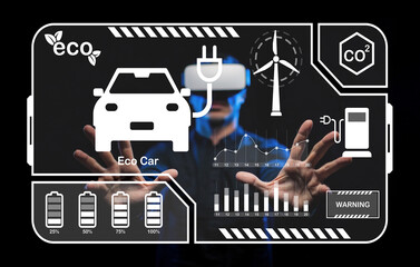 Futuristic Electric Car Interface with VR Technology, Renewable Energy Symbols, Battery Levels, and Environmental Data Visualization Concept