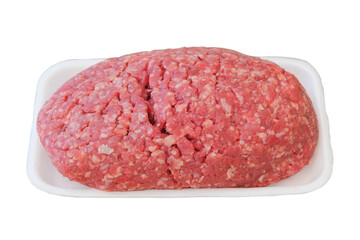 Minced raw meat in white container. Ingredient for cooking meat dishes. Isolate on a white background.