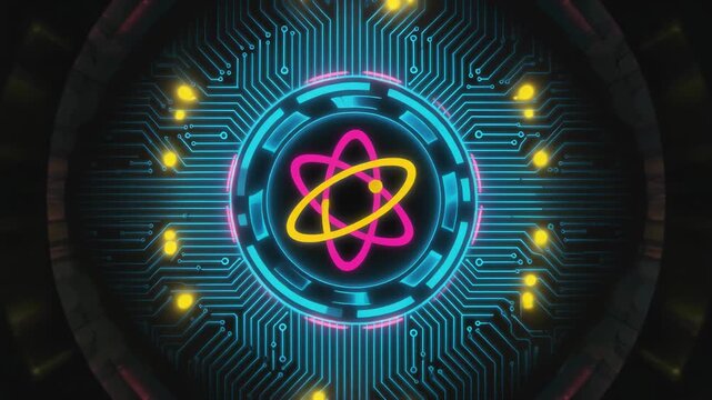 Vibrant digital illustration of an atom with circuit patterns, ideal for technology and science themes