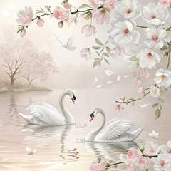 Dreamy Spring Background Inspired by Swan Feathers with Orchid Floral Border
