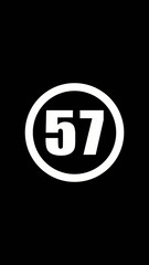 White number fifty-seven in oval on black number 57 white text
