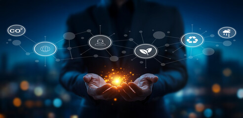 Businessman In Suit Presenting Futuristic Icons Of Technology, Environment, And Sustainability With Abstract Network In A Night Cityscape Background