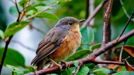Fototapeta premium A small bird with a brown and orange body and a gray head perched on a branch with green leaves
