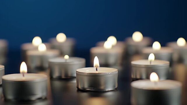 Multiple Tealight Candles Flickering on Shiny Surface with Blue Gradient Background
