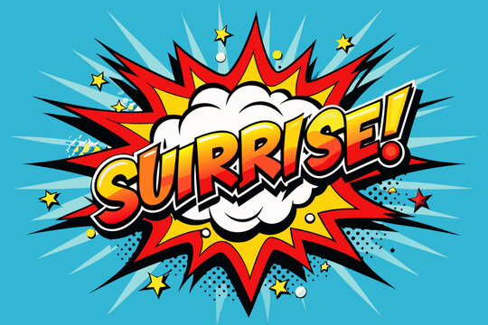 Bright and bold comic book style explosion graphic with the word surprise in vibrant yellow and red letters on a blue background with stars and dots