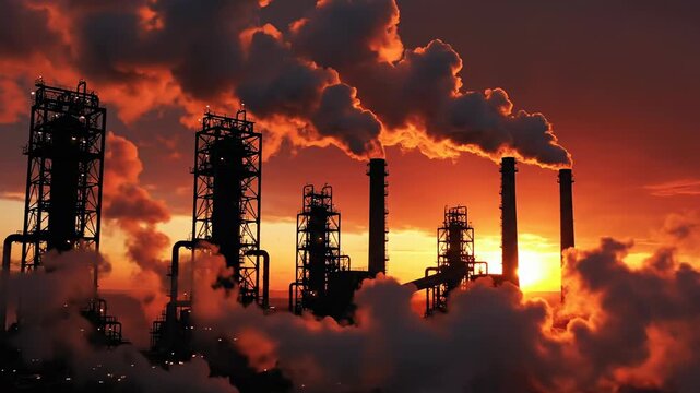 Dynamic wide silhouette shot of large imposing industrial machinery structures against a fiery orange and red horizon obscured by heavy particulate smoke Dynamic, factory, warfare