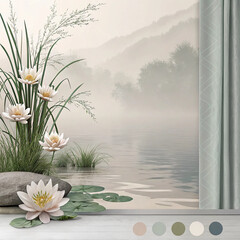 Modern Bluish-Gray Spring Backdrop with Elephant Skin Texture and Water Lilies

