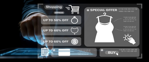 Digital Shopping Interface with Promotions and Special Offers Showcasing Dress Discounts and Interactive Touchscreen Experience