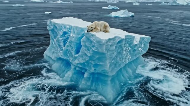 Dynamic wide view of a huge blue iceberg slowly rotating in choppy dark arctic waters with a resting polar bear perched high upon its peak ice, abstract, perched