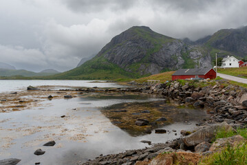 Lofoten fjord with traditional red rorbu and mountains
