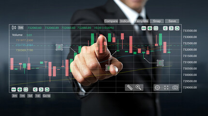 Businessman Interacting with Touchscreen Display of Stock Market Chart and Financial Data Analytics in Modern Office Environment
