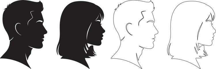 Male and female head profile silhouettes and outline vector illustrations for design isolated PNG with Transparent Background