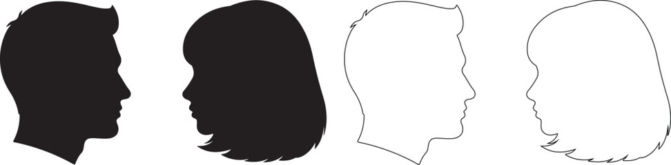 Male and Female Head Profile Silhouettes and Outlines Vector Set isolated PNG with Transparent Background