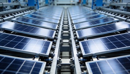 Naklejka premium Solar panels moving along a parallel industrial conveyor belt in a manufacturing facility.