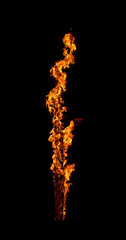 Realistic shot of a burning wooden beam isolated on a black background. Detailed fire textures ideal for VFX, compositing, overlays, graphics, and cinematic effects