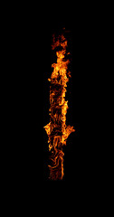 Realistic shot of a burning wooden beam isolated on a black background. Detailed fire textures ideal for VFX, compositing, overlays, graphics, and cinematic effects