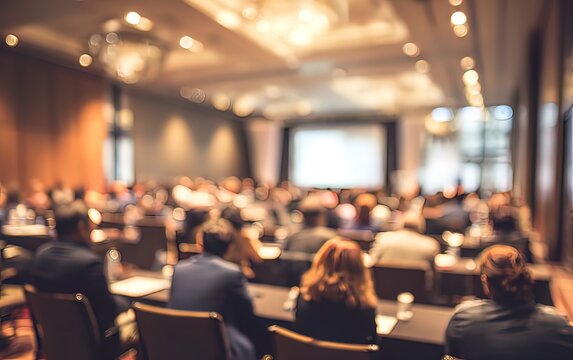 Corporate Seminar Blur: A blurred background of a corporate seminar or training session in a conference hall, with attendees. People in professional meeting of business leadership strategy in event - Powered by Adobe