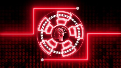 Red neon barcode maze with human head and circuit board inside