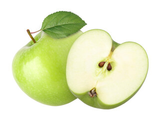 green apple with leaves (granny smith apple) and half isolated, transparent PNG, PNG format, cut out